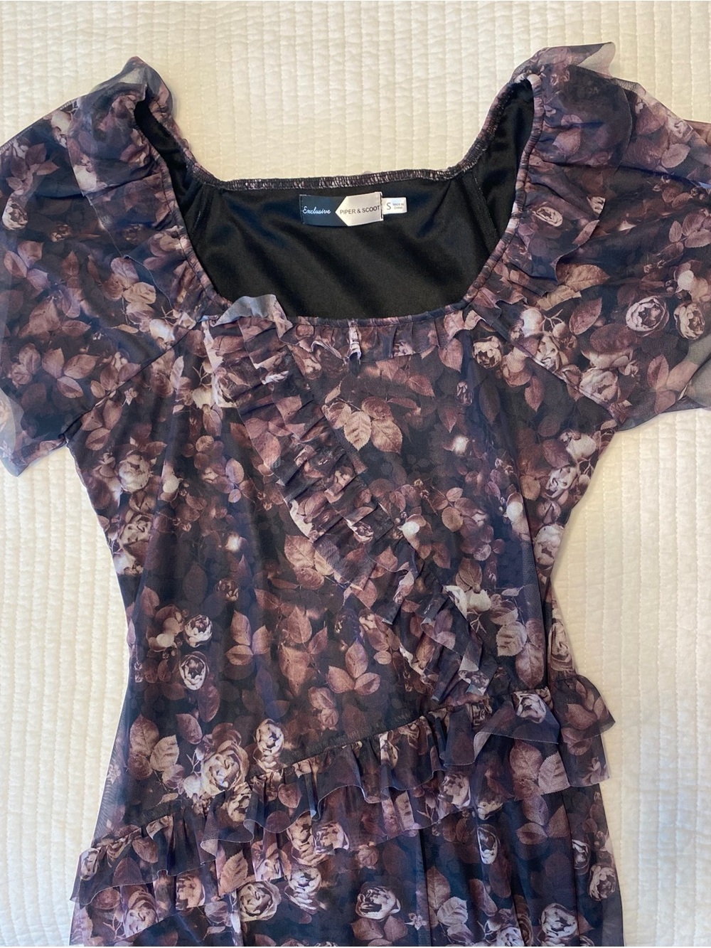 Dark Purple Floral Ruffle Scoop Neck Dress